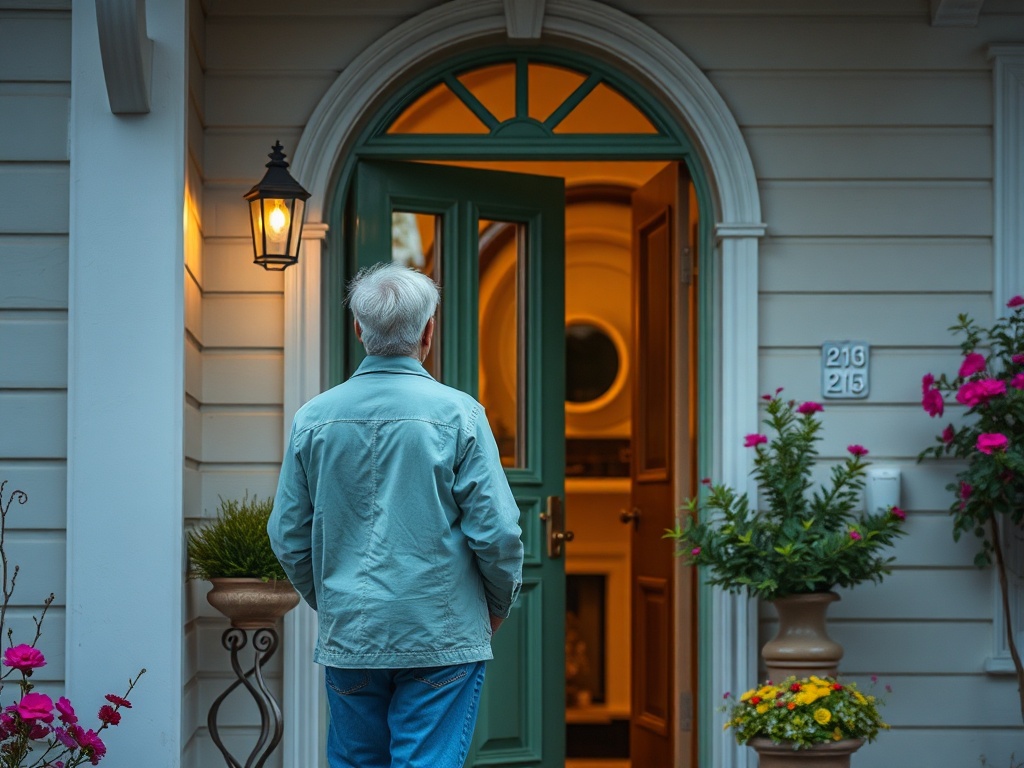 Пожилой человек стоит у двери дома, освещённый фонарём, окружённый цветами и растениями.
