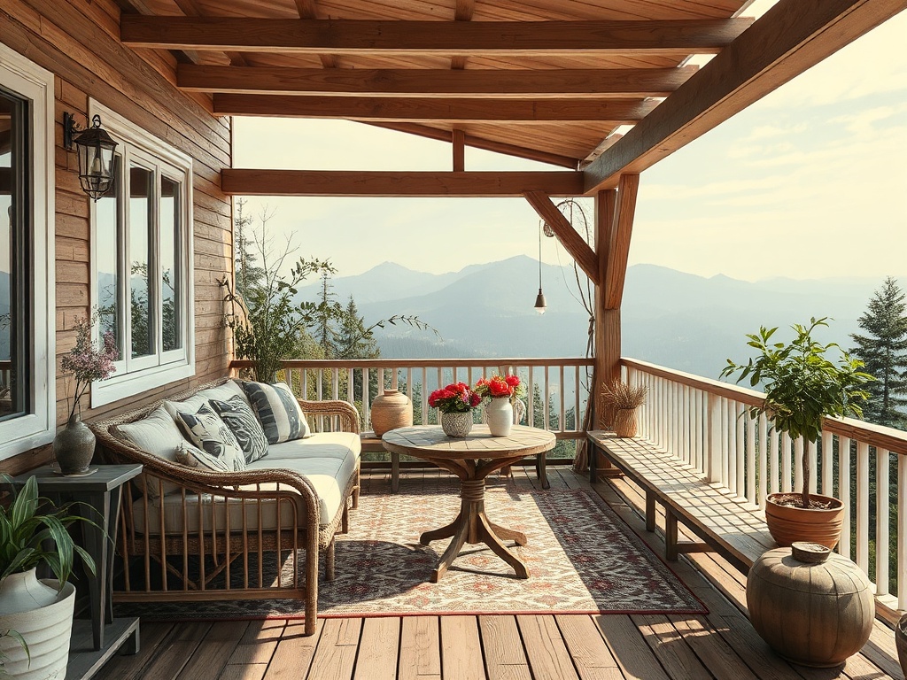 Уютная веранда с деревянным настилом, уютной мебелью и красивым видом на горы. Цветы в горшках добавляют шарма.