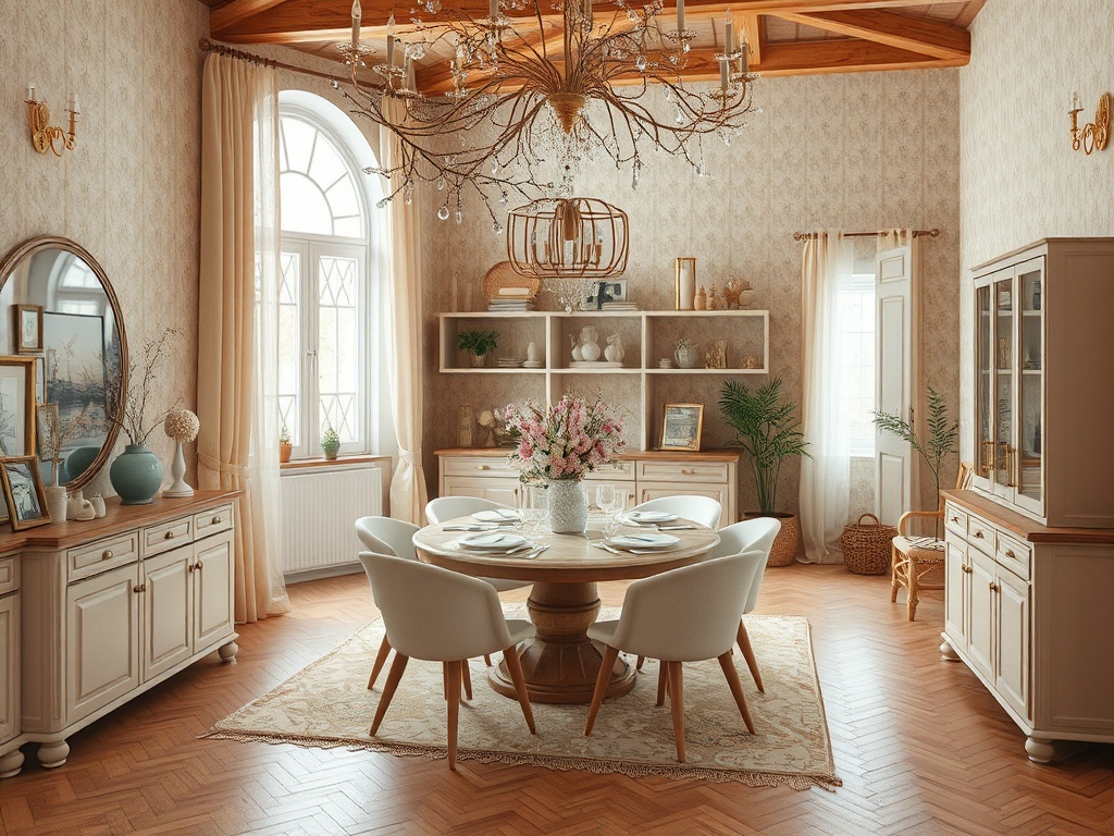 Уютная столовая с деревянными полами, столом на 6 человек и красивой люстрой. Стены оформлены светлыми тонами.