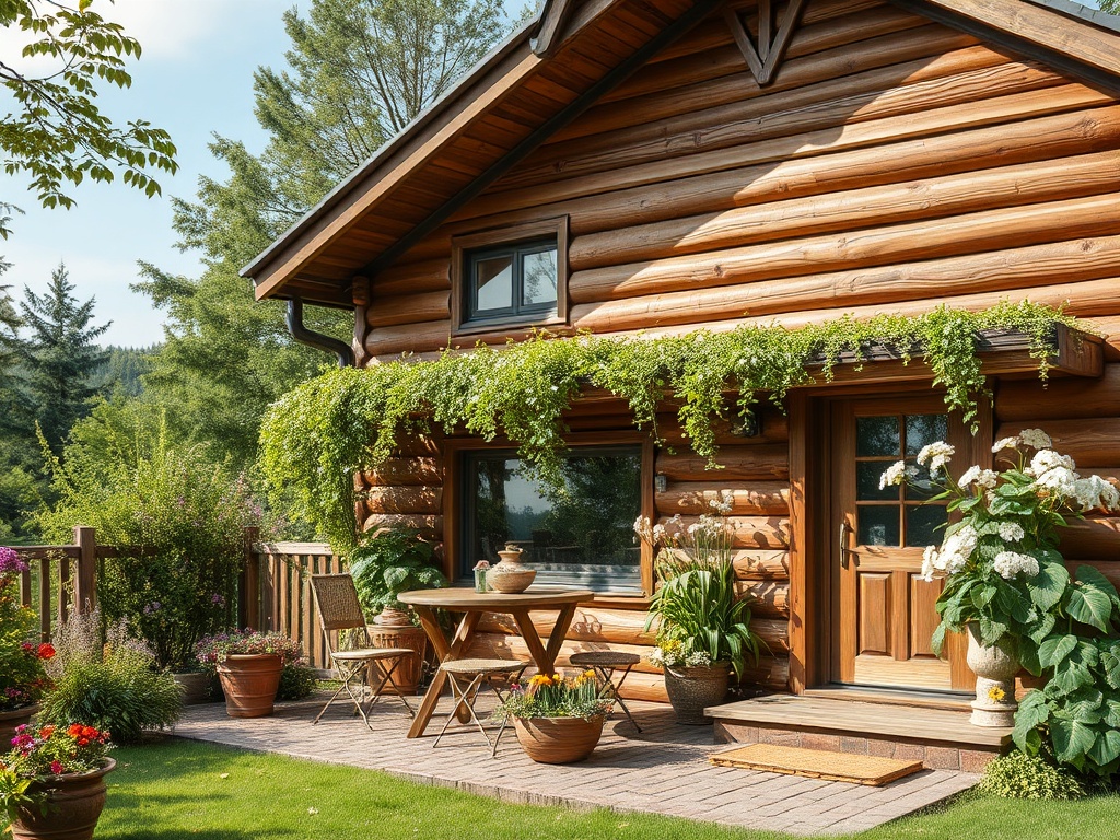 Деревянный дом с красивым входом и зелеными растениями, окруженный цветами и зеленью.