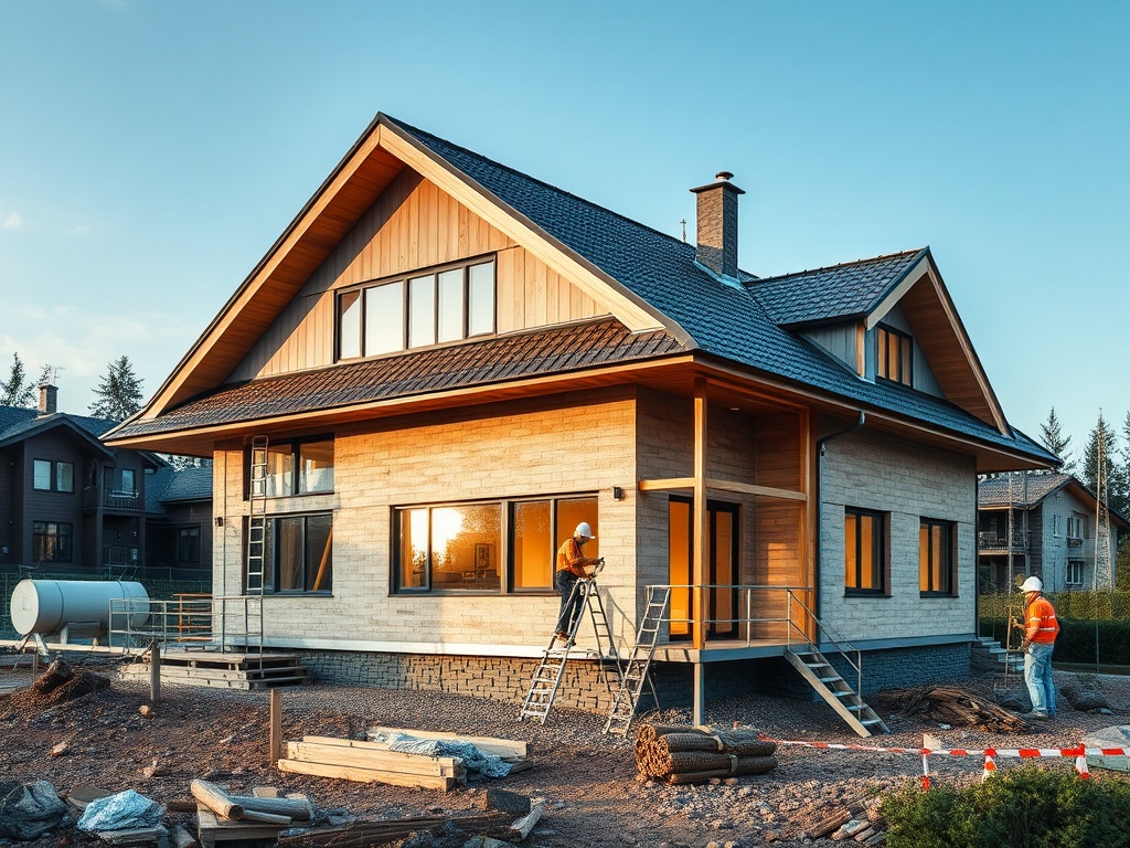 Стройка деревянного дома. Рабочие работают на фасаде, сзади другие дома и стройматериалы.