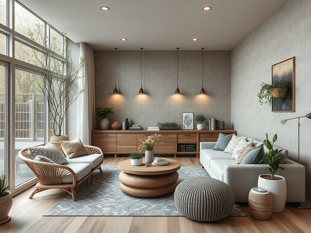 Современный интерьер гостиной с уютной мебелью, зелеными растениями и подвесными светильниками.
