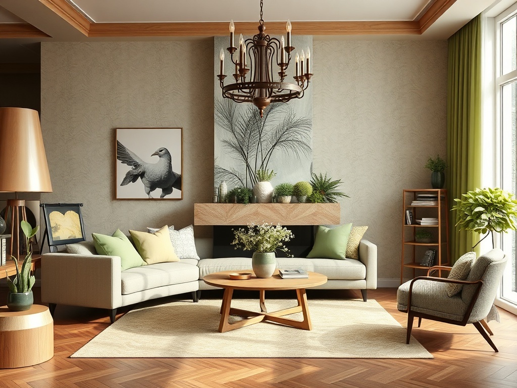 Современный интерьер гостиной с диваном, креслом и декоративными элементами на стенах и столе.