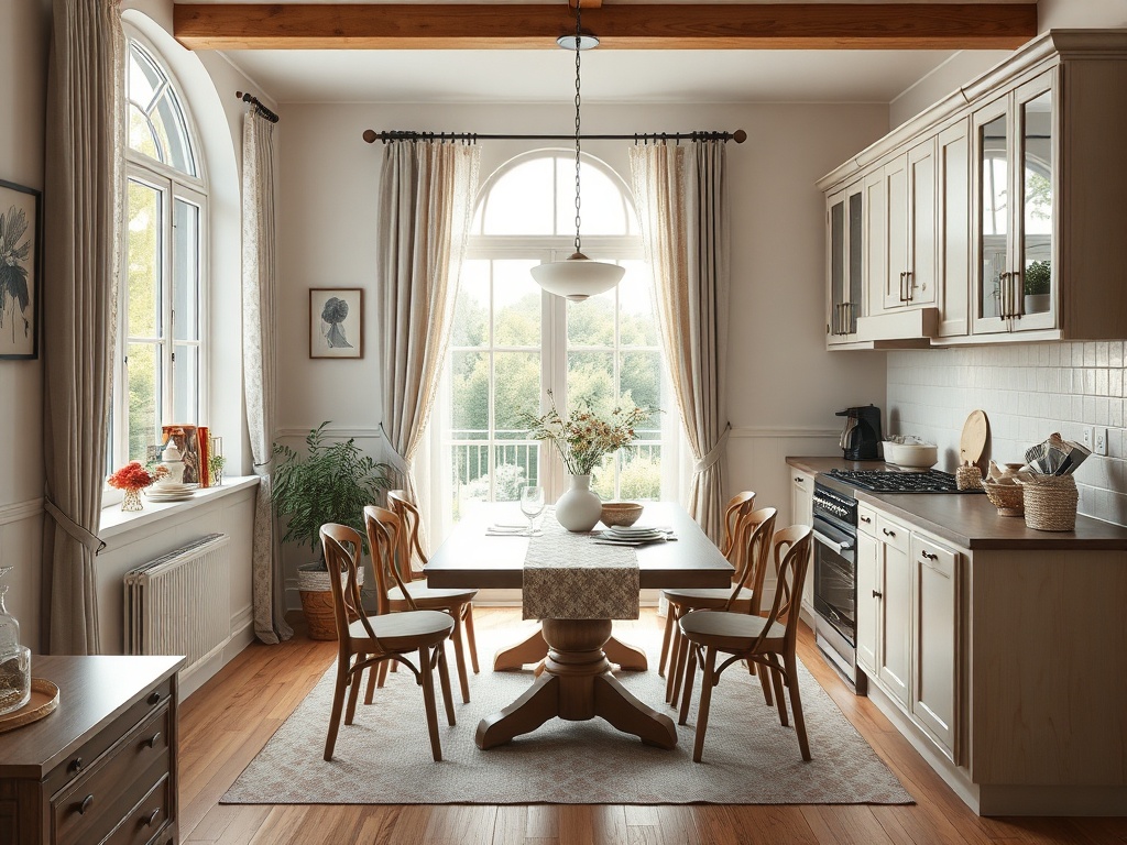 Светлая кухня-столовая с зеленым обликом за окнами, деревянной мебелью и уютной атмосферой.
