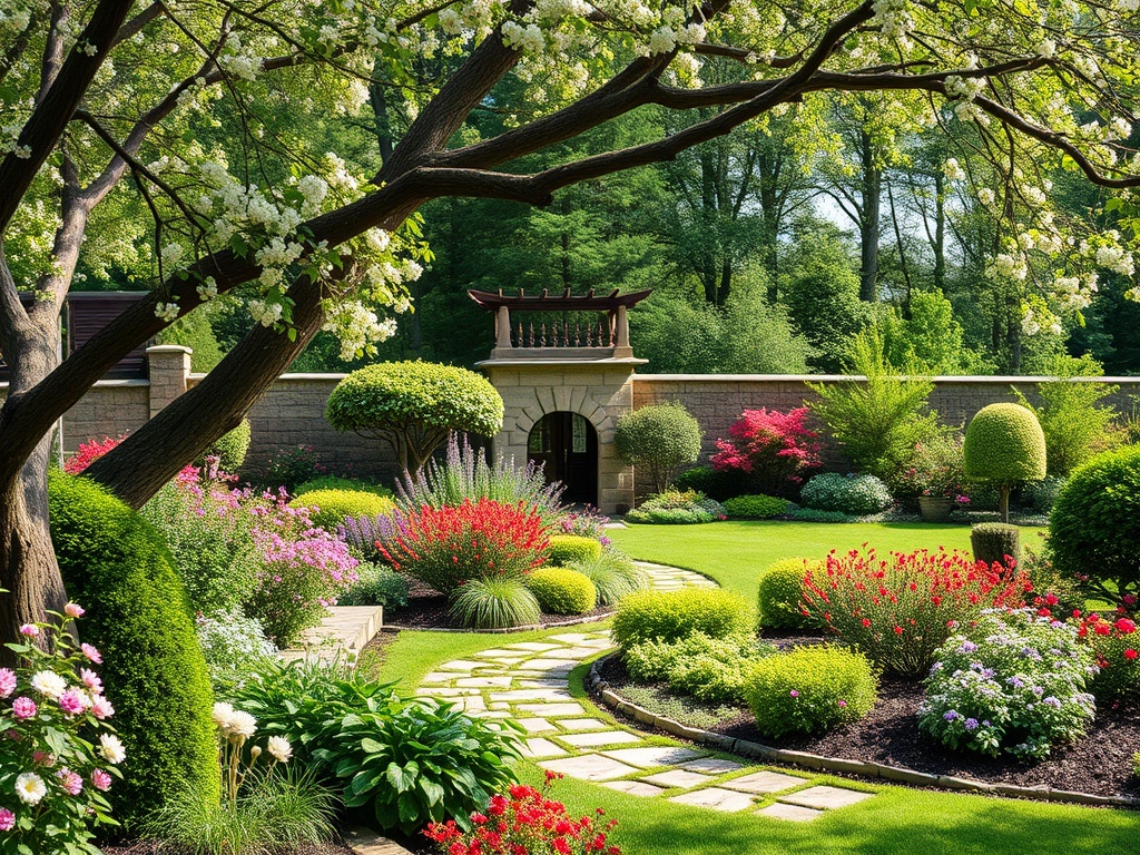 Красивый сад с цветами, ухоженной травой и дорожкой. На заднем плане – стены и зелень деревьев.