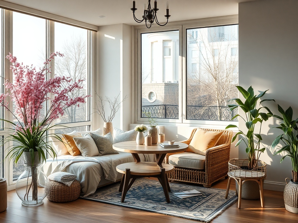 Светлое и уютное помещение с растениями, диваном и круглым столом у больших окон.