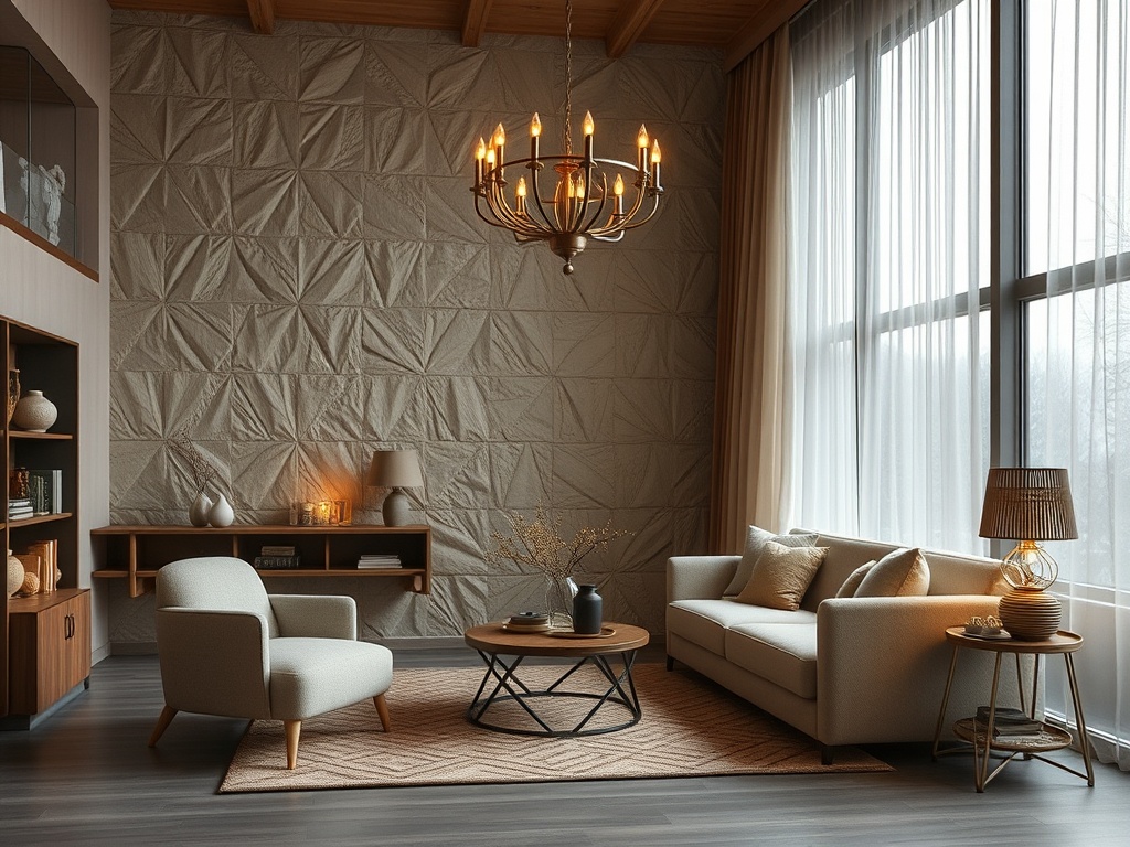 Современный уютный интерьер с мягкой мебелью, светильниками и большими окнами. Тёплые тона и текстуры.