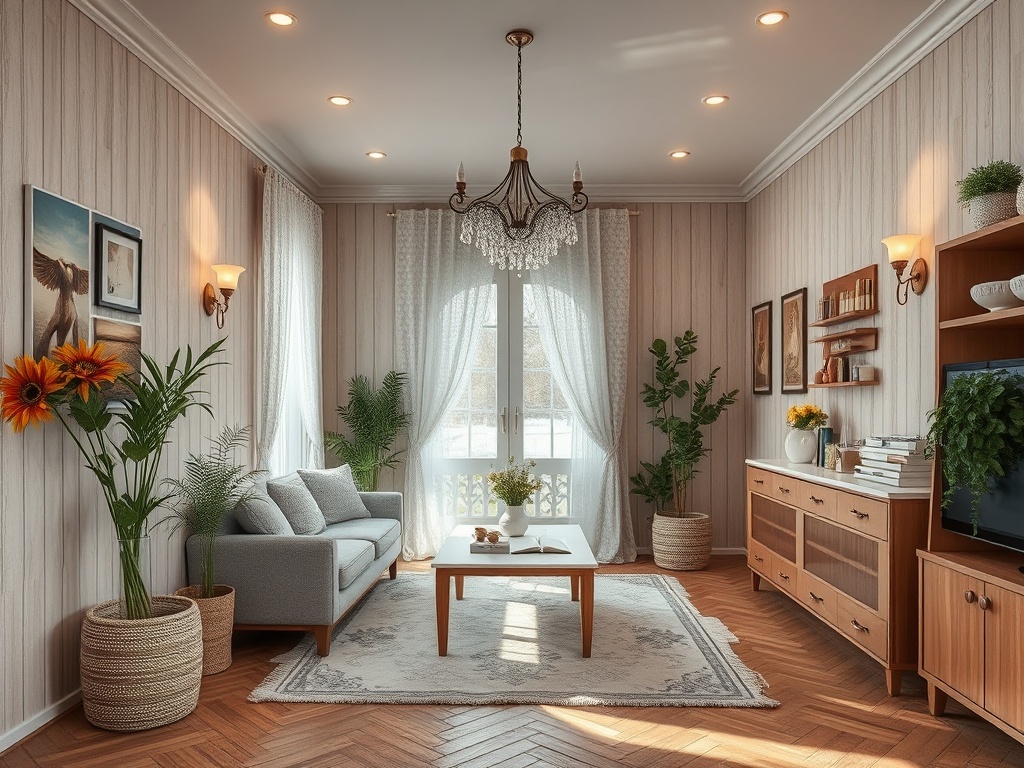 Светлая гостиная с диваном, столом, растениями и большой дверью, ведущей на балкон. Уютная атмосфера.