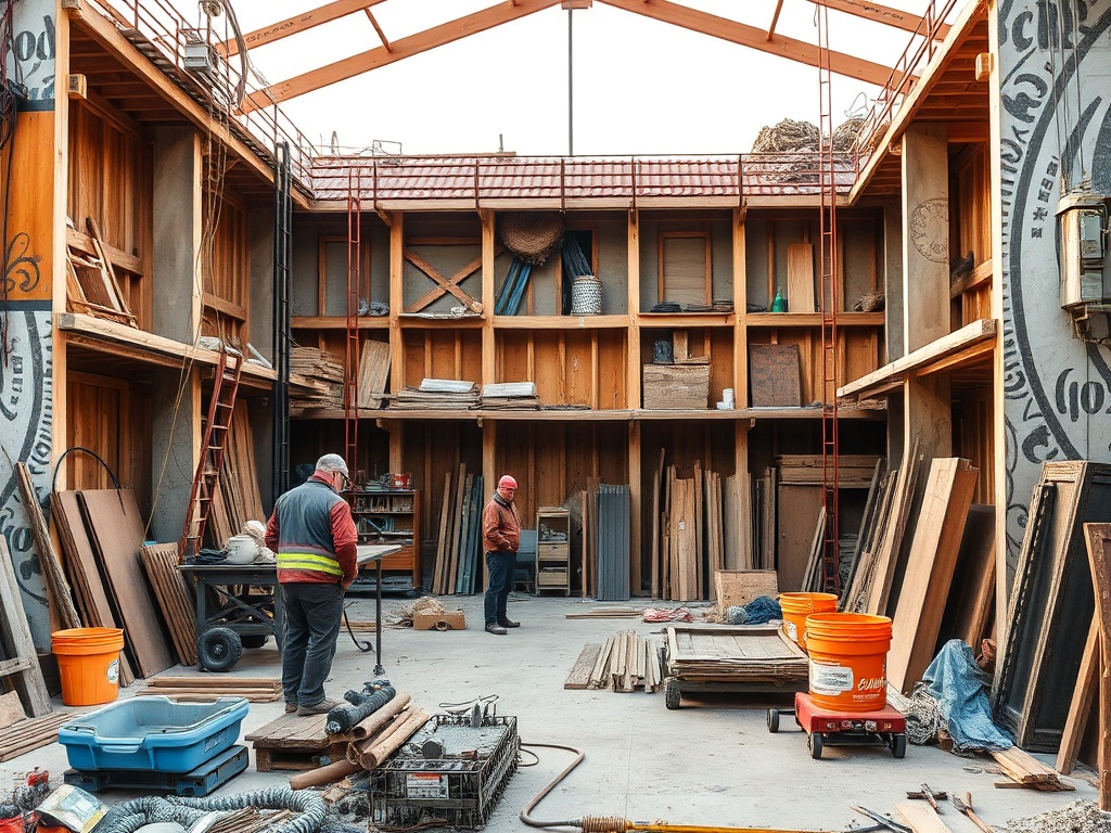 Рабочие на строительной площадке в помещении с деревянными материалами и инструментами, занимаются организацией пространства.