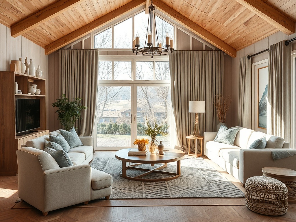 Светлая гостиная с большими окнами, деревянными прилавками и уютной мебелью, наполняющая пространство теплом.