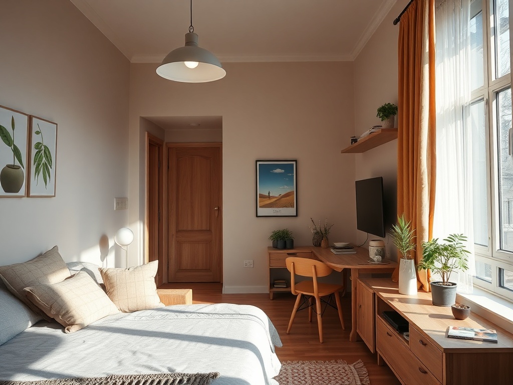 Светлая комната с кроватью, рабочим местом, растениями и картинами на стенах. Тёплый уютный интерьер.