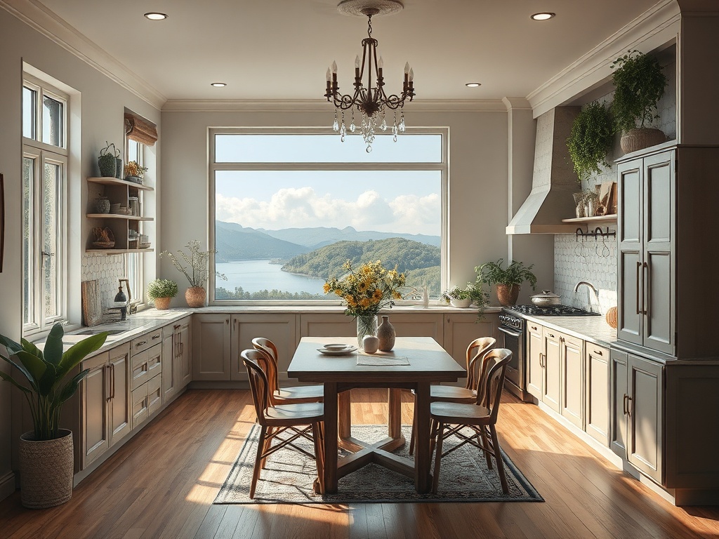 Светлая кухня с окном на живописный вид, деревянным полом и столом для еды. Зеленые растения добавляют уют.