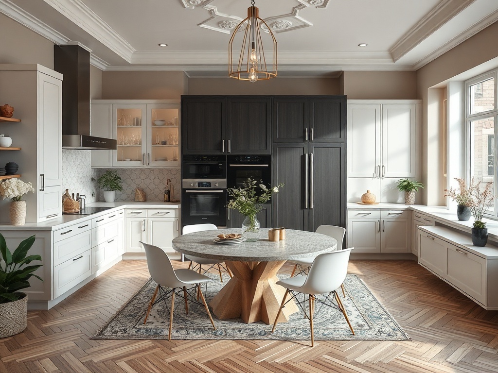 Современная кухня с деревянным полом, центральным столом и белыми шкафами, украшенная растениями.