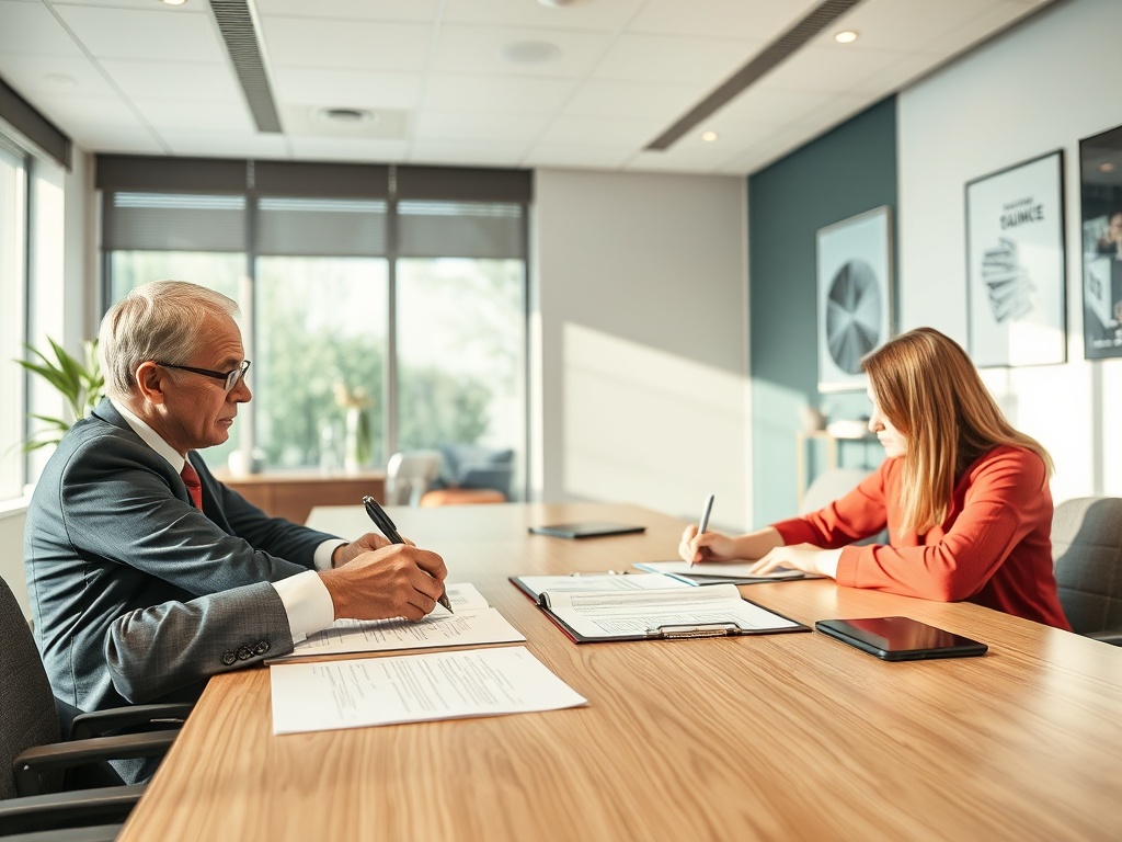 Два человека за столом на деловой встрече, один записывает, другой делает заметки. Светлое офисное пространство.