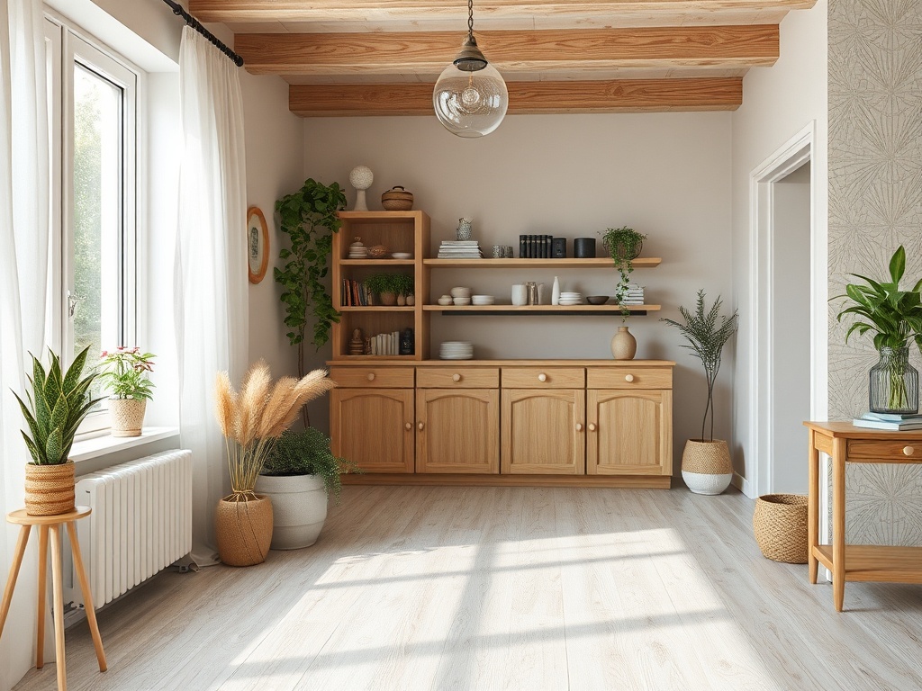 Светлая комната с деревянной мебелью, растениями в горшках и большим окном, пропускающим солнечный свет.