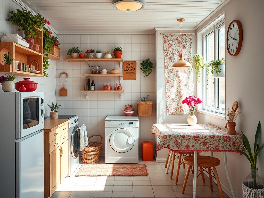 Уютная кухня с растениями, стиральной машиной и деревянными полками, заполненными посудой и аксессуарами.