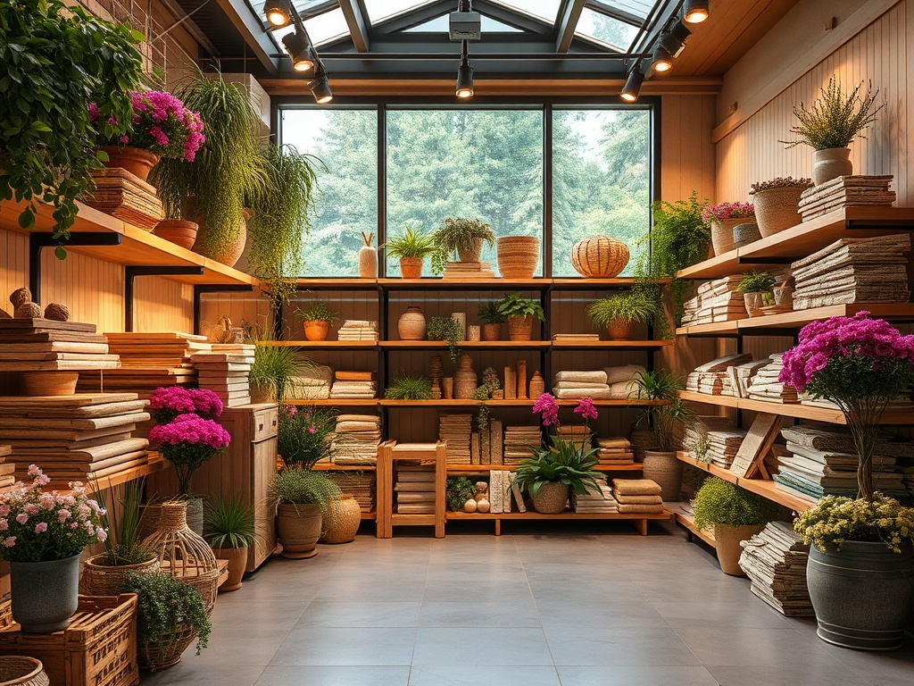 Интерьер магазина с полками, украшенными зелеными растениями и текстилем, цветами на столах и большим окном.