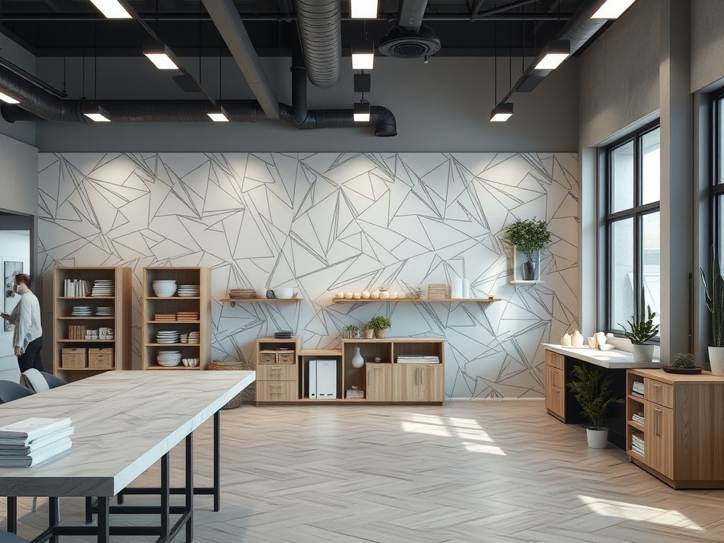 Современный интерьер с большими окнами, деревянной мебелью, шкафами и геометрической отделкой стен.