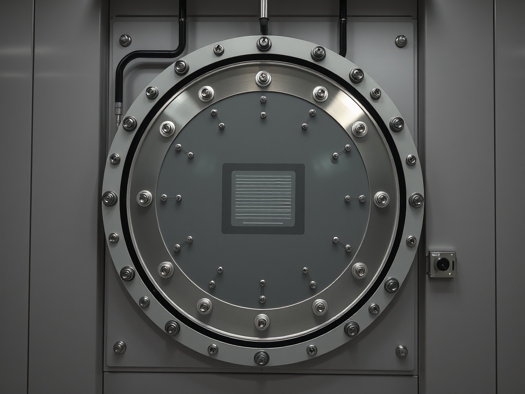 Дверь сейфа с металлической рамой и множеством крепежных элементов, закрывающая доступ внутрь.