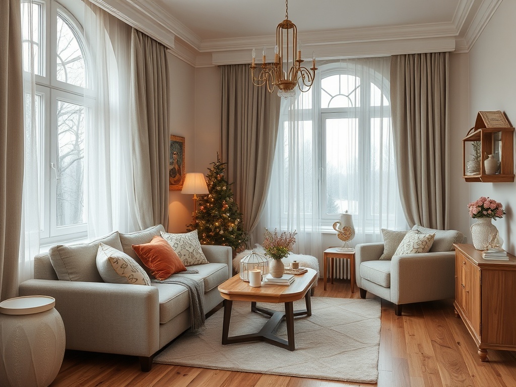 Современная гостиная с большими окнами, елкой и уютной мебелью в спокойных тонах. Атмосфера уюта и тепла.