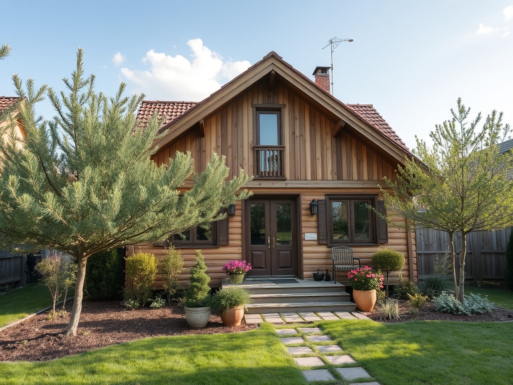 Деревянный дом с широкой дворовой частью, зеленым газоном и цветами вокруг в солнечный день.