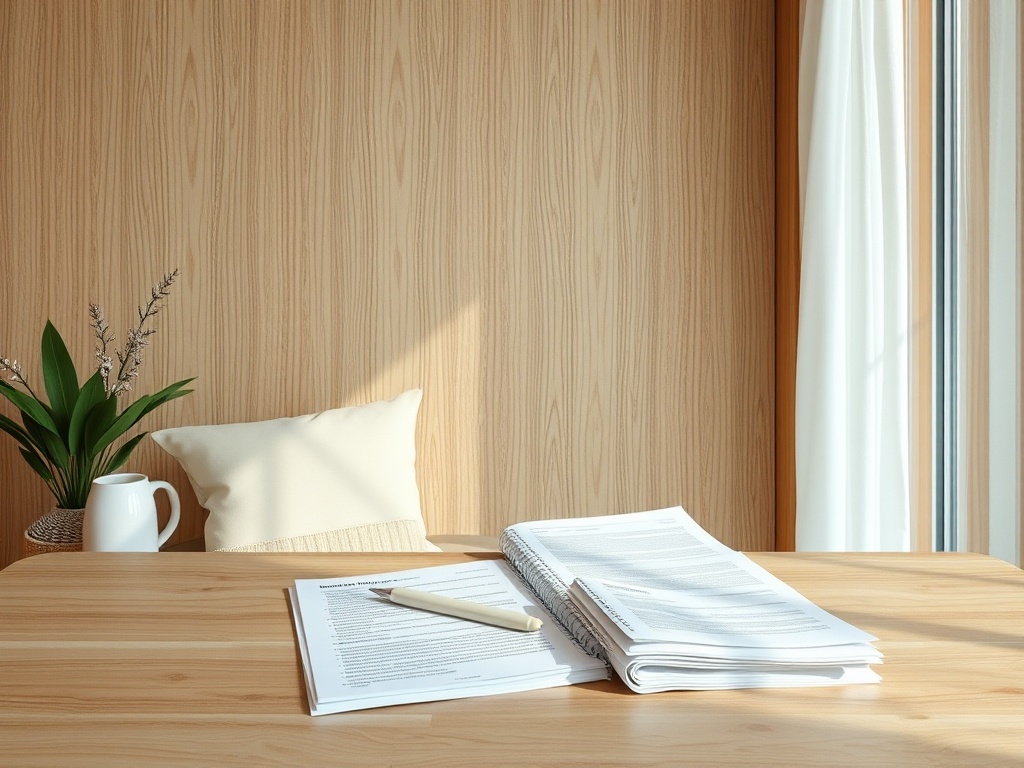 Стильный рабочий стол с бумагами, ручкой, чашкой и растением на фоне светлого деревянного стенового покрытия.