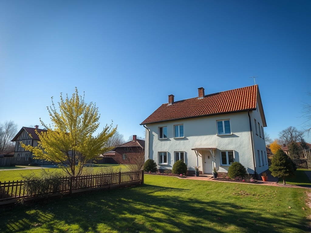 Современный дом с красной крышей и зеленым садом на фоне ясного голубого неба.