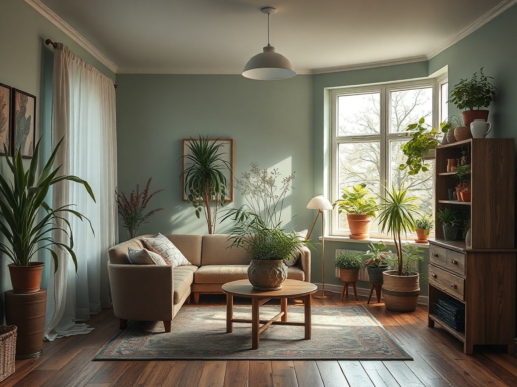 Уютная комната с зелеными растениями, диваном и деревянной мебелью, украшенная светом и текстурой.